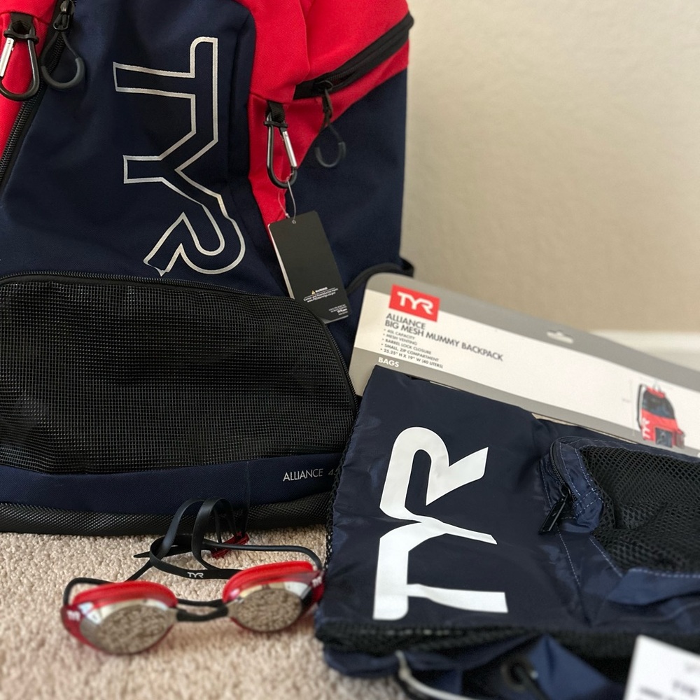 TYR Red and Blue Backpack with Accessories